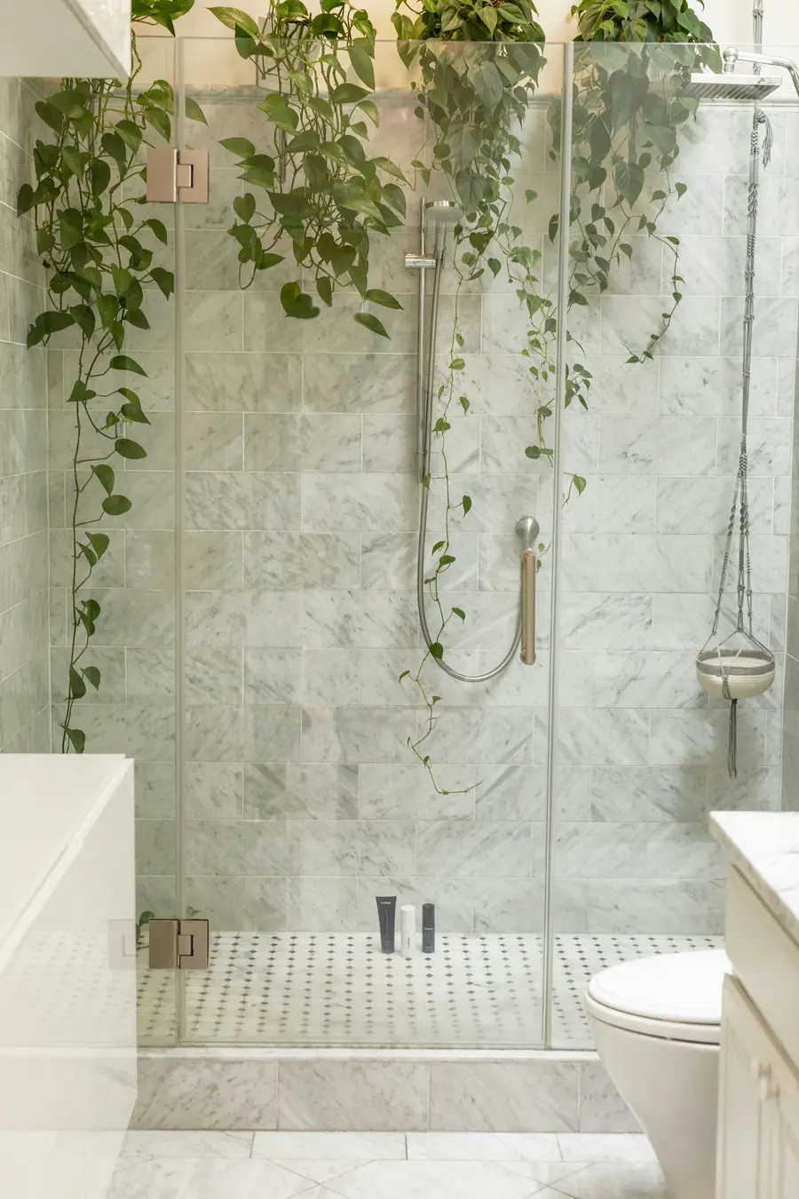 Marble-look shower with a glass screen and plants